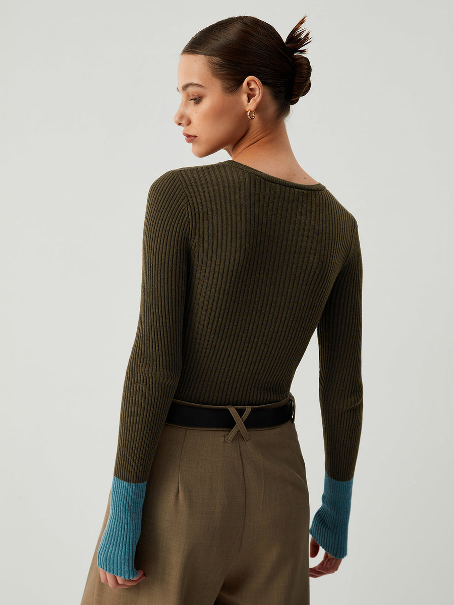 Damen Langarm Stricktop mit Kontrastärmeln