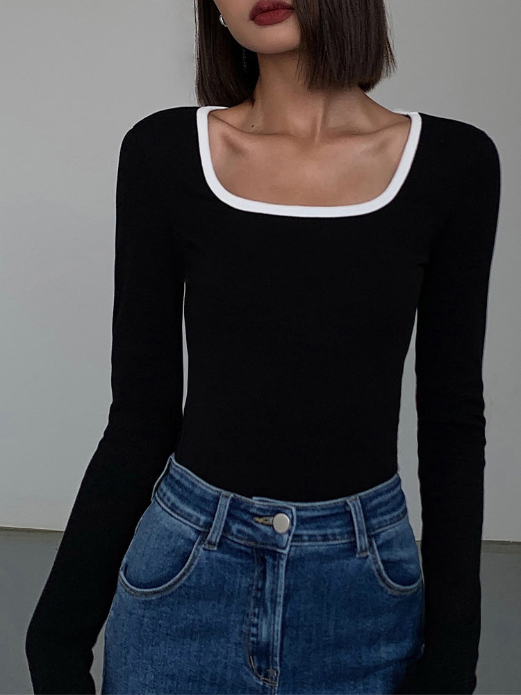 Damen Langarmtop Jersey mit Kontrast-Ausschnitt