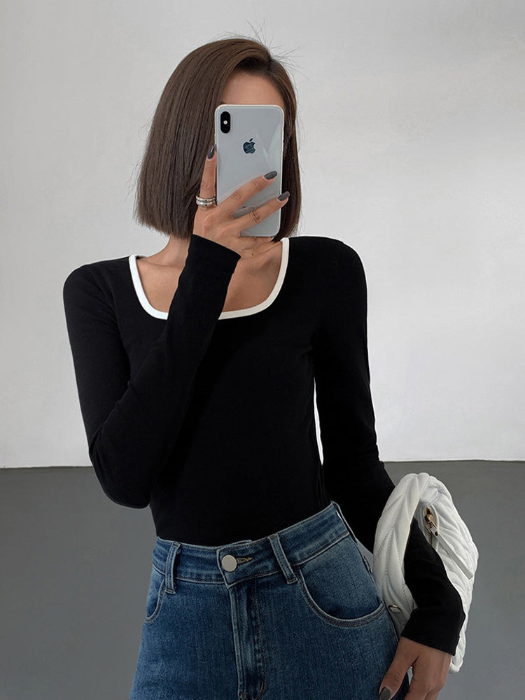 Damen Langarmtop Jersey mit Kontrast-Ausschnitt
