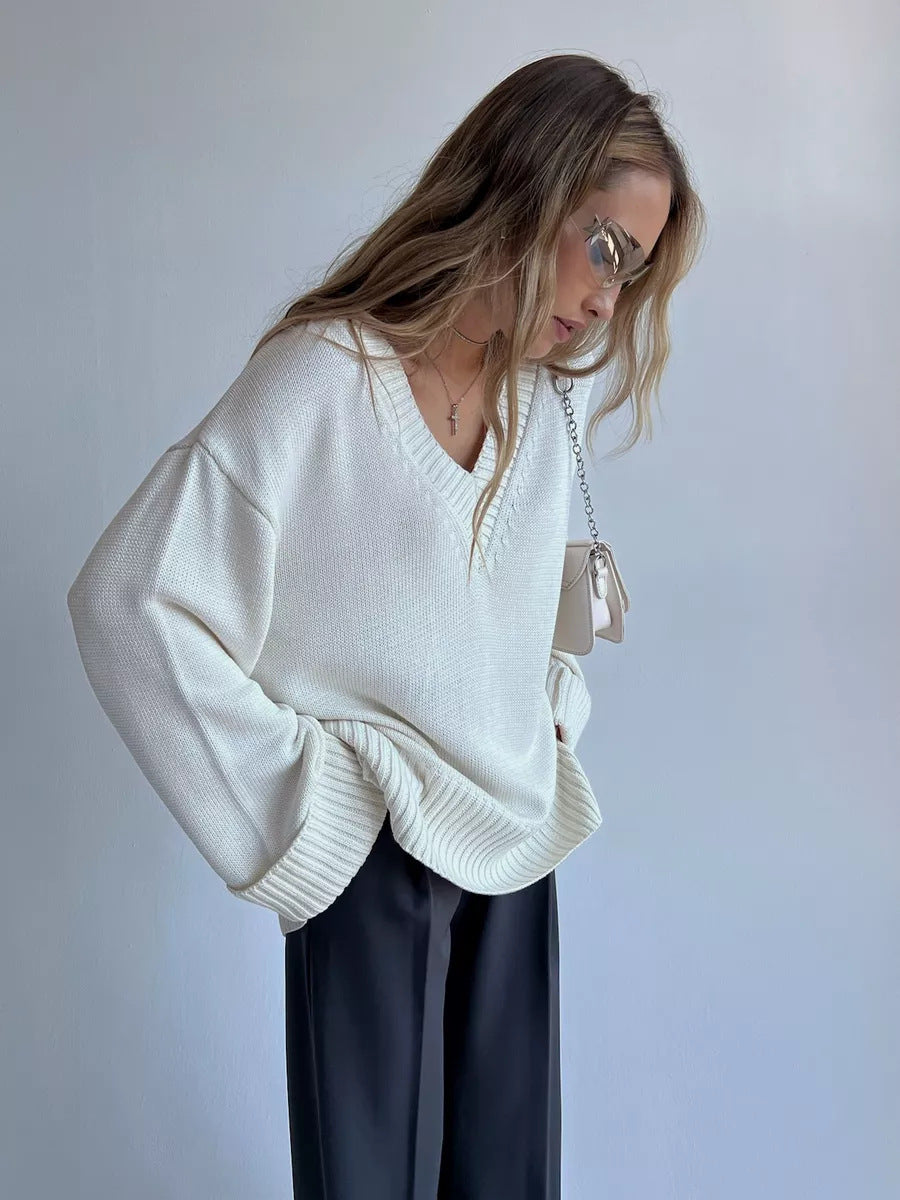 Damen Pullover V-Ausschnitt Baumwolle Lässig