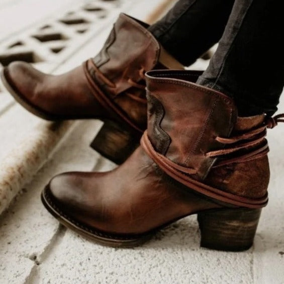 Damen Stiefeletten Leder Vintage Stil mit Schnürung und Blockabsatz