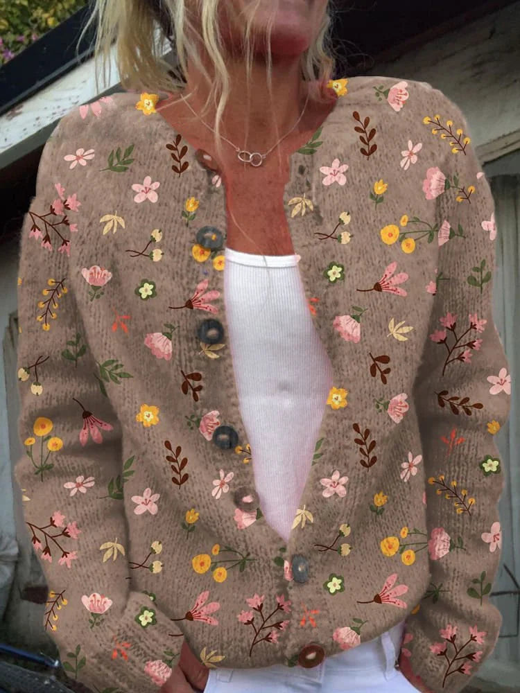 Damen Strickjacke Baumwolle Blumenmuster Langarm Elegant