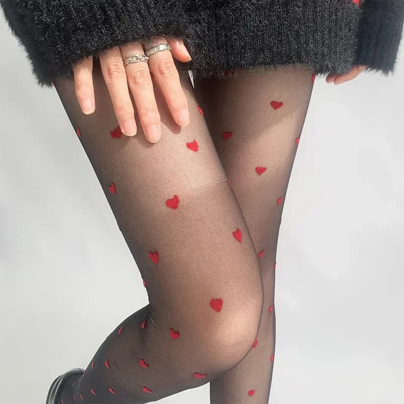 Damen Strumpfhosen mit Herz- und Punktmuster, Elastisch, Modisch