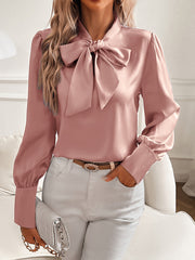 Damenbluse Satin-Optik Mit Strikhals Und Lantaarnmouwen - Elegante Bluse Für Festliche Anlässe