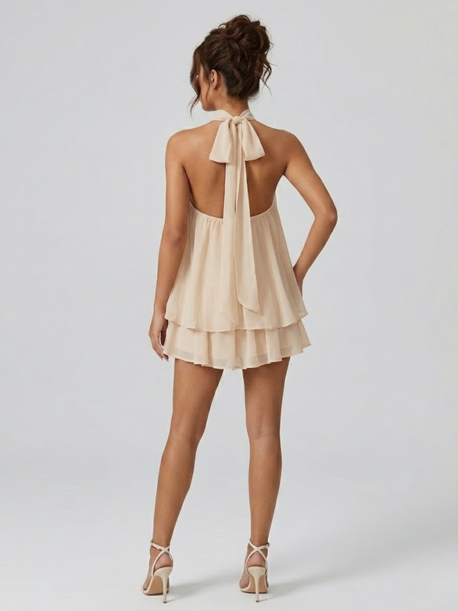 Damenkleid Kurz Stehkragen Neckholder Rückenfrei Rüschen