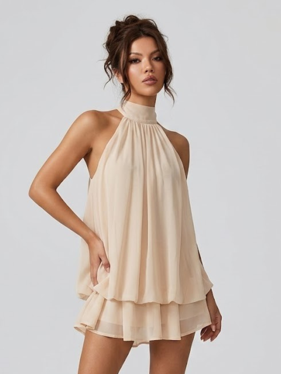Damenkleid Kurz Stehkragen Neckholder Rückenfrei Rüschen
