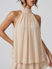 Damenkleid Kurz Stehkragen Neckholder Rückenfrei Rüschen