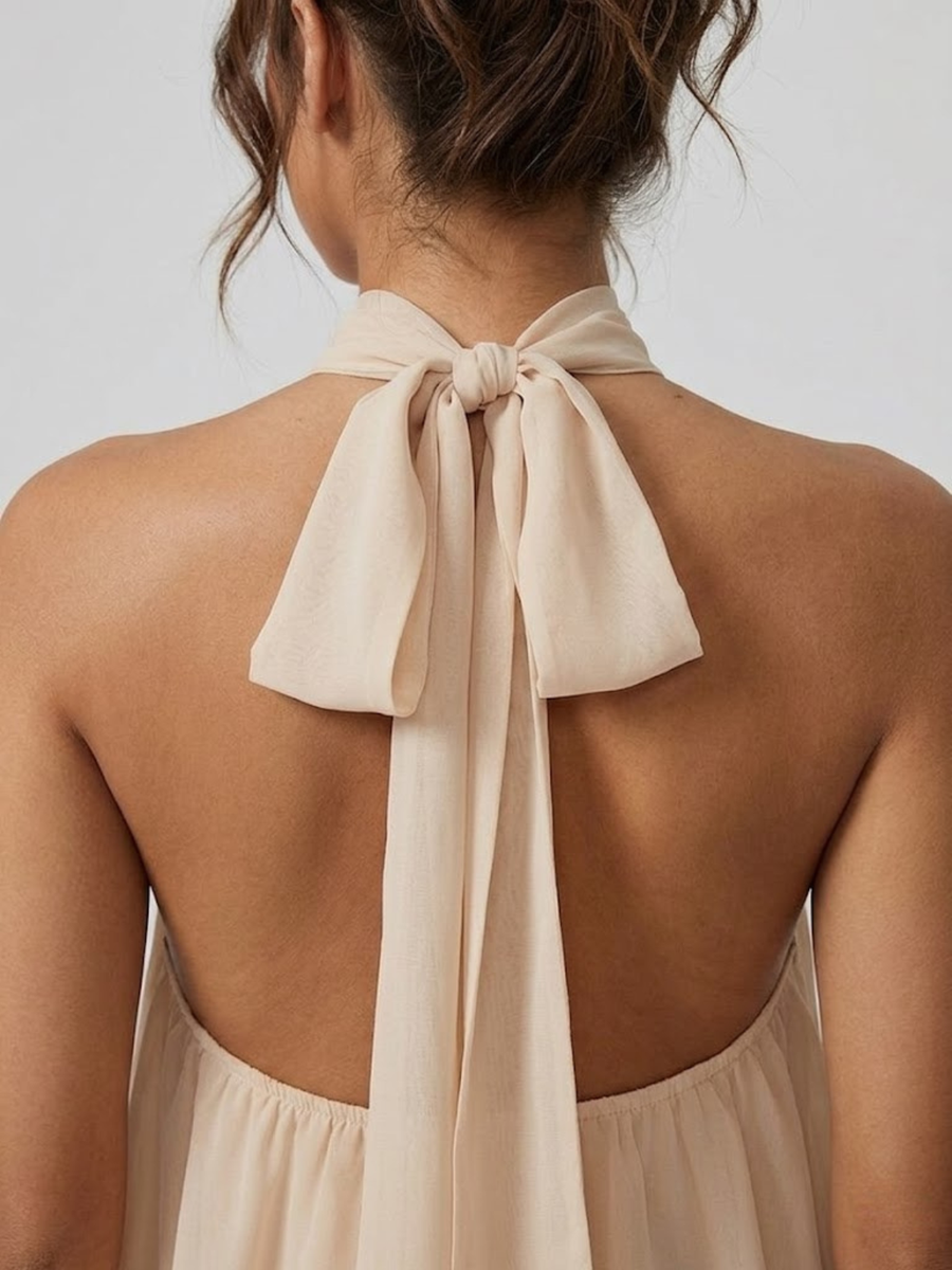 Damenkleid Kurz Stehkragen Neckholder Rückenfrei Rüschen
