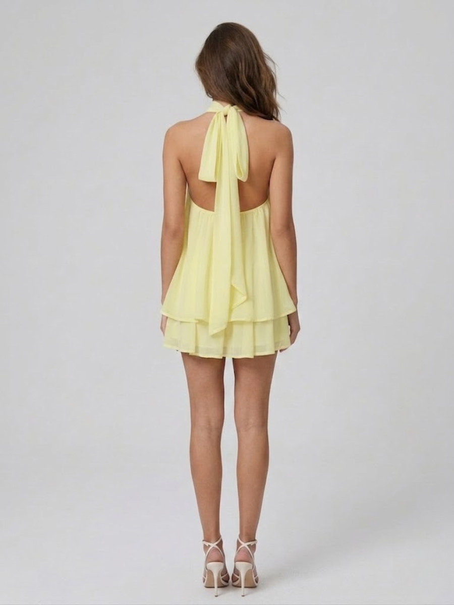 Damenkleid Kurz Stehkragen Neckholder Rückenfrei Rüschen