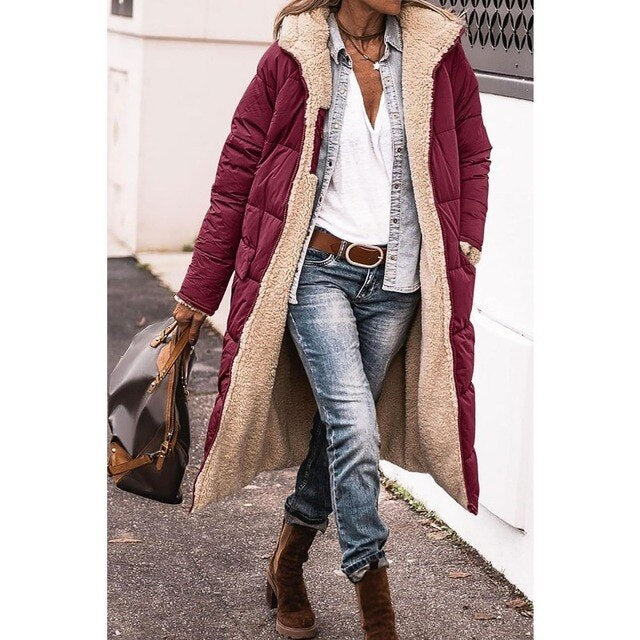 Hazel - Beidseitig verwendbare lange Sherpa-Fleece-Pufferjacken mit Kapuze
