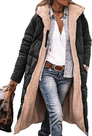 Hazel - Beidseitig verwendbare lange Sherpa-Fleece-Pufferjacken mit Kapuze