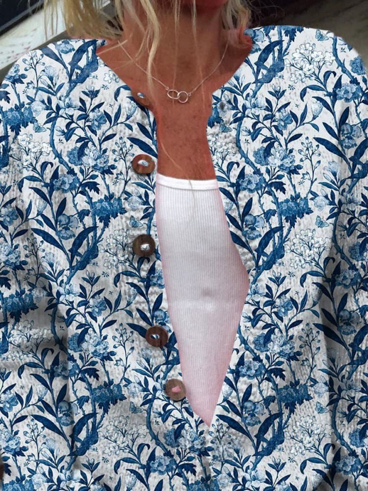 Clara™ | Eleganter blau-weißer Blumenprint-Cardigan mit Knöpfen