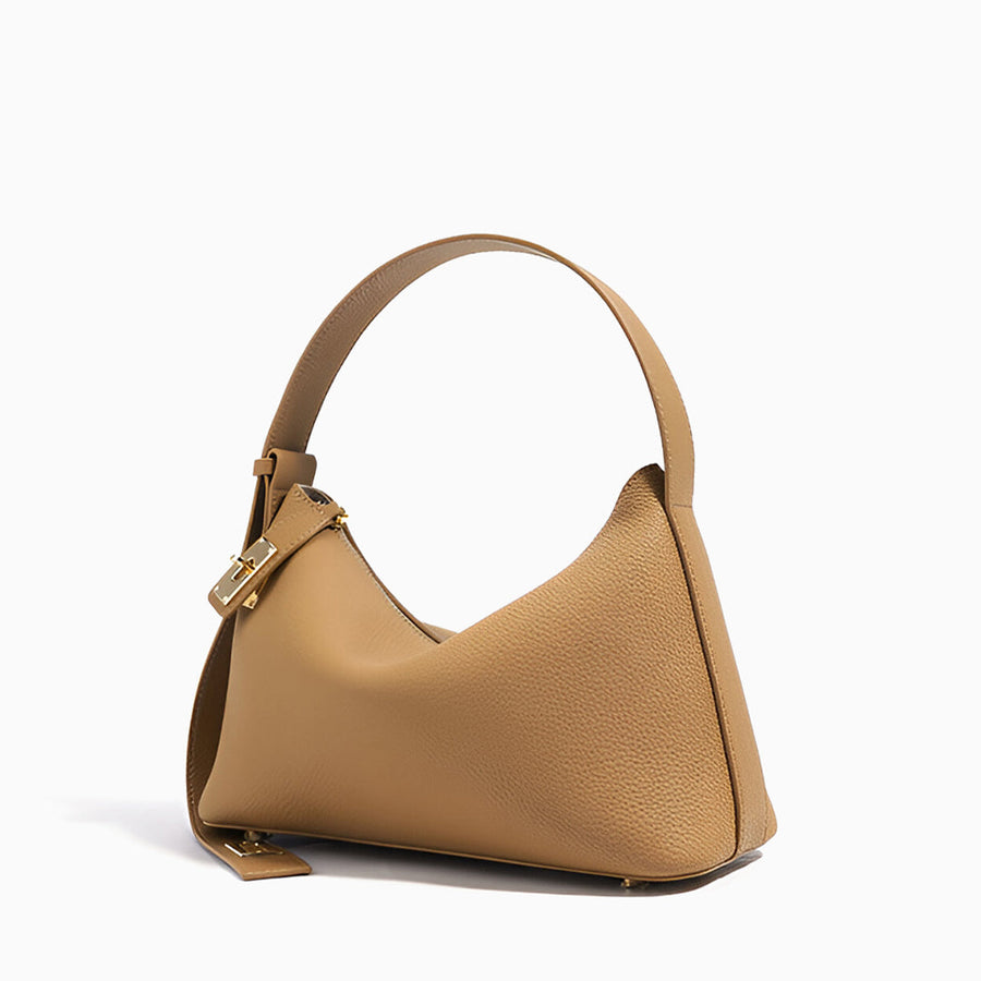 Delia | Kleine Damen-Schultertasche aus strukturiertem Leder in Camel mit goldfarbenem Schlossverschluss