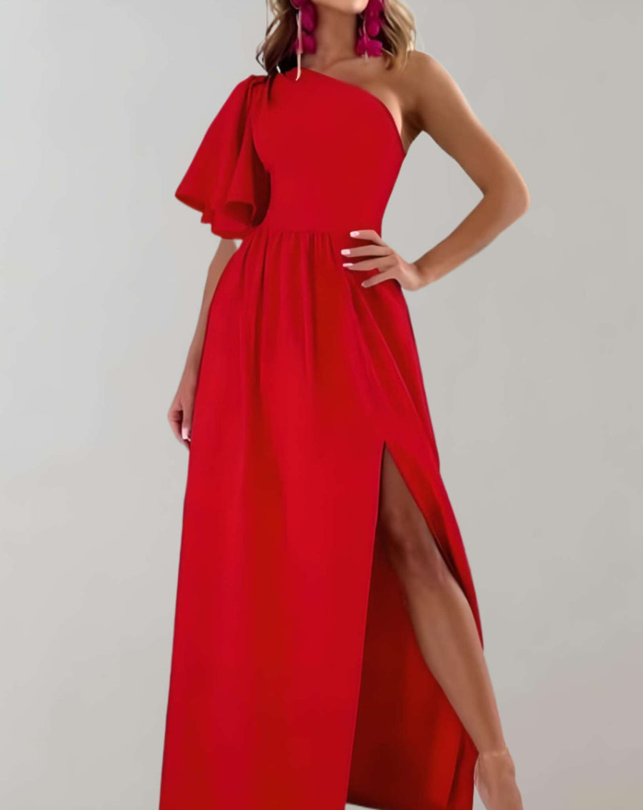 Dorthy - Langes Kleid mit einer Schulter weiten halblangen Ärmeln und hohem Schlitz Kleid