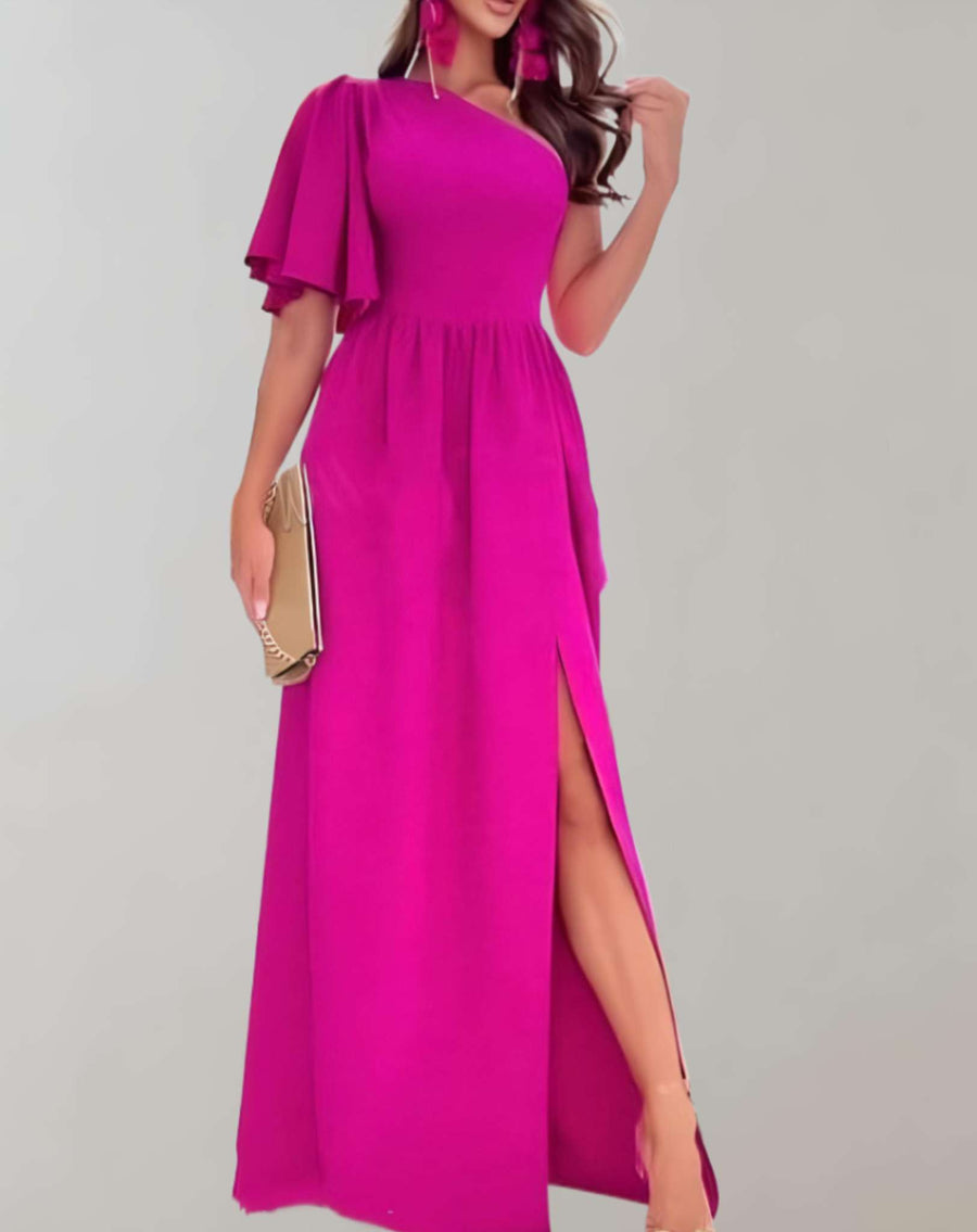 Dorthy - Langes Kleid mit einer Schulter weiten halblangen Ärmeln und hohem Schlitz Kleid