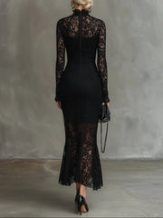 Merla™ - Elegante schwarze Stretchspitzen-Fishtail-Maxikleid