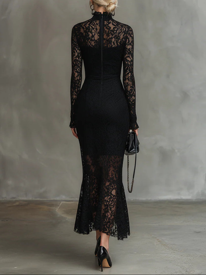 Merla™ - Elegante schwarze Stretchspitzen-Fishtail-Maxikleid