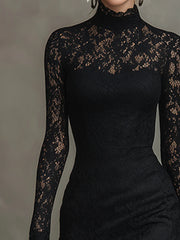Merla™ - Elegante schwarze Stretchspitzen-Fishtail-Maxikleid