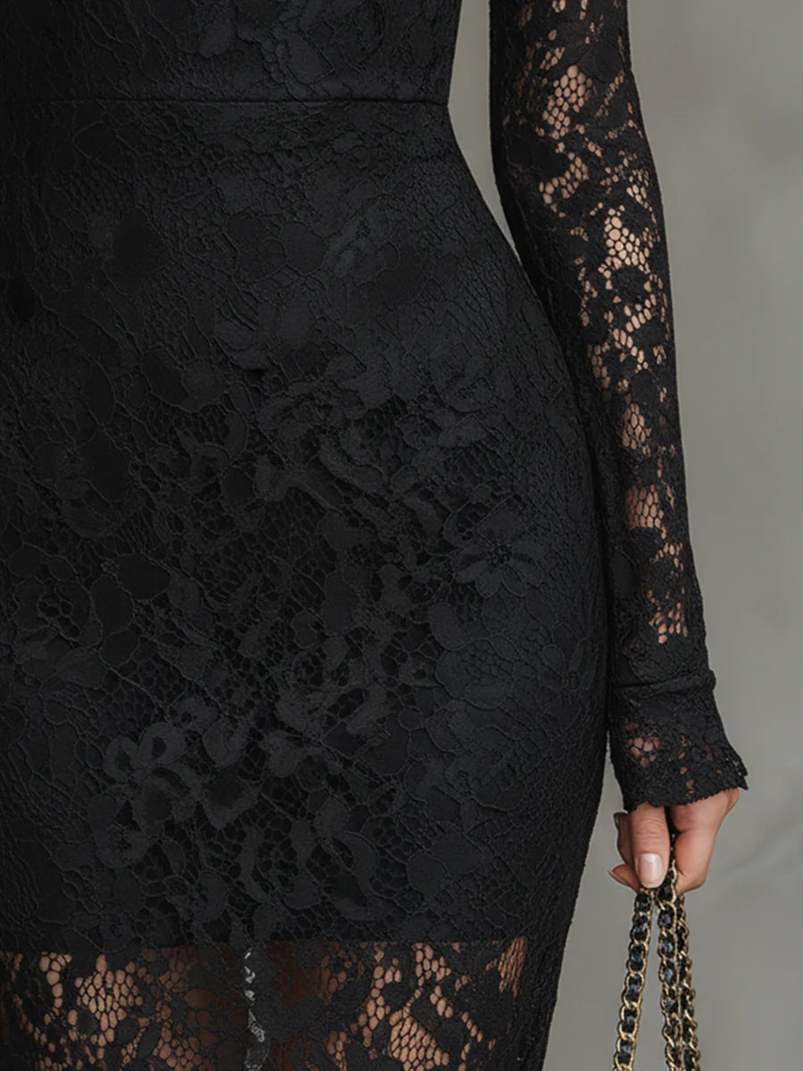 Merla™ - Elegante schwarze Stretchspitzen-Fishtail-Maxikleid