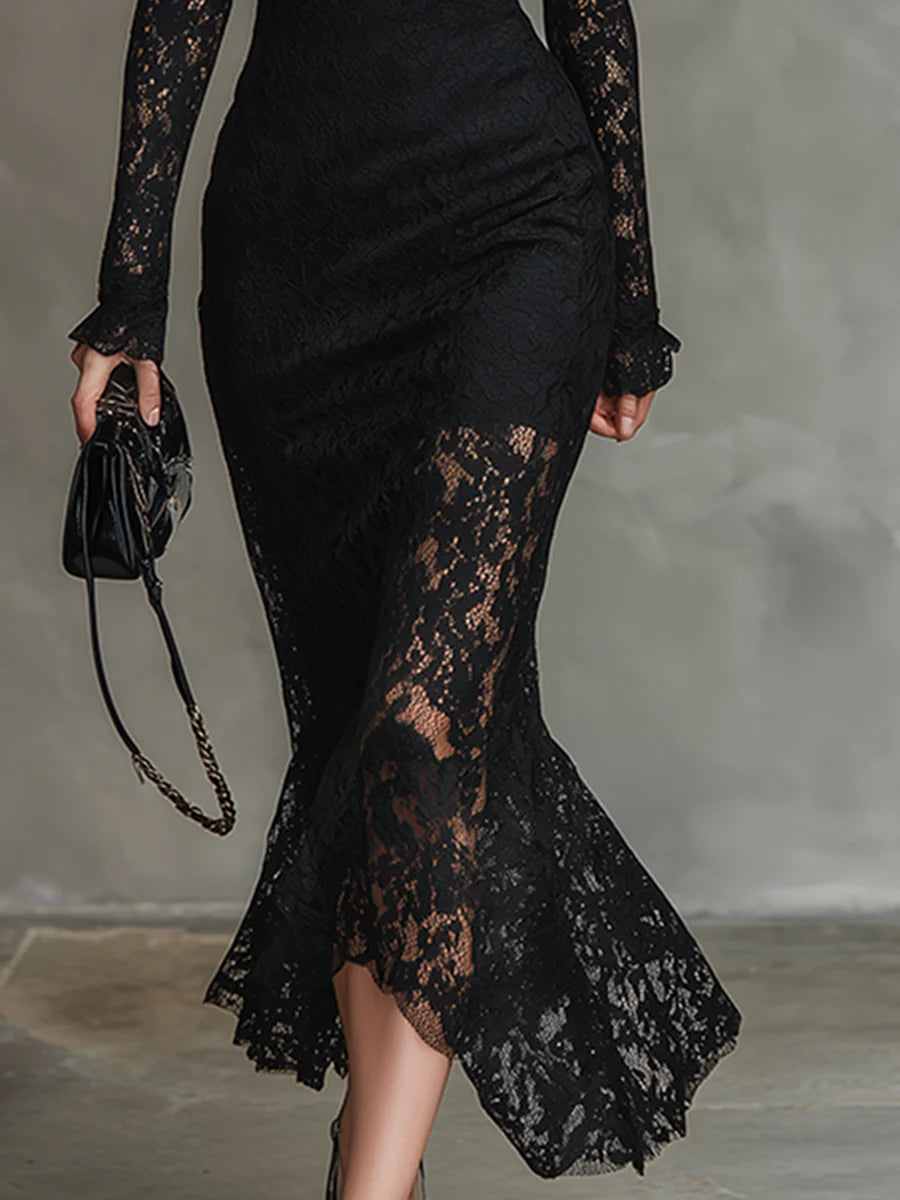 Merla™ - Elegante schwarze Stretchspitzen-Fishtail-Maxikleid