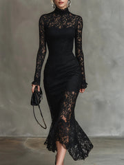 Merla™ - Elegante schwarze Stretchspitzen-Fishtail-Maxikleid