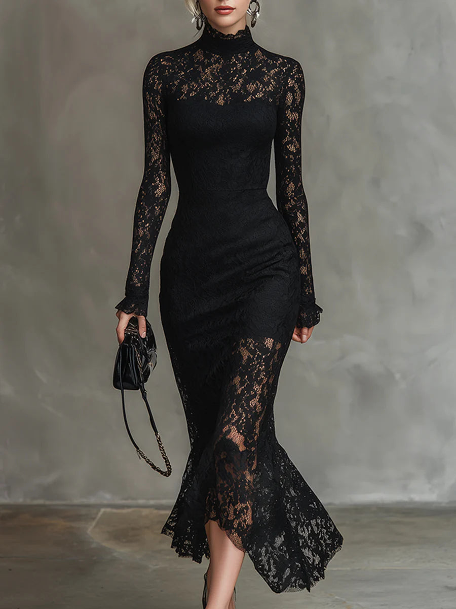 Merla™ - Elegante schwarze Stretchspitzen-Fishtail-Maxikleid