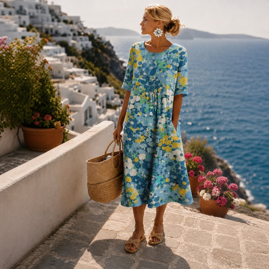 Midi Sommerkleid Damen | Buntes Blumenmuster & Entspannter A-Linien-Schnitt