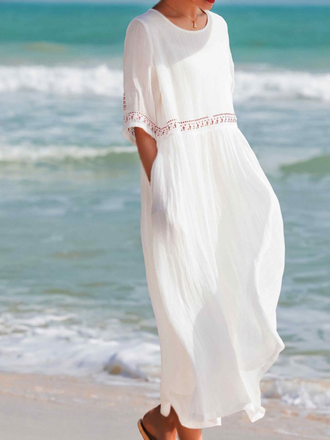 Elin - Damen Besticktes Baumwoll-Leinen Kleid
