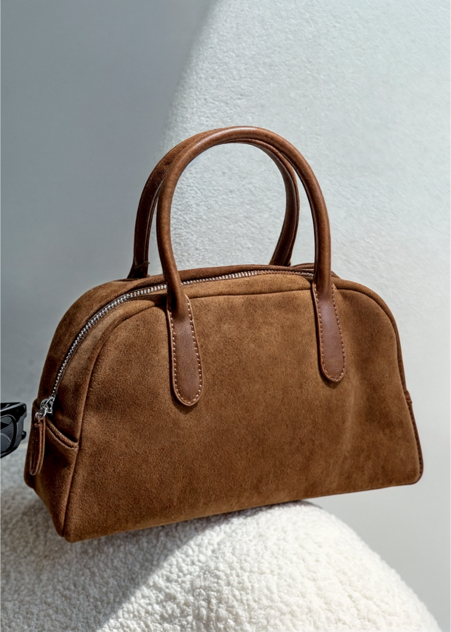Echte Wildleder Handtasche Damen – Kleine Schultertasche mit Reißverschluss