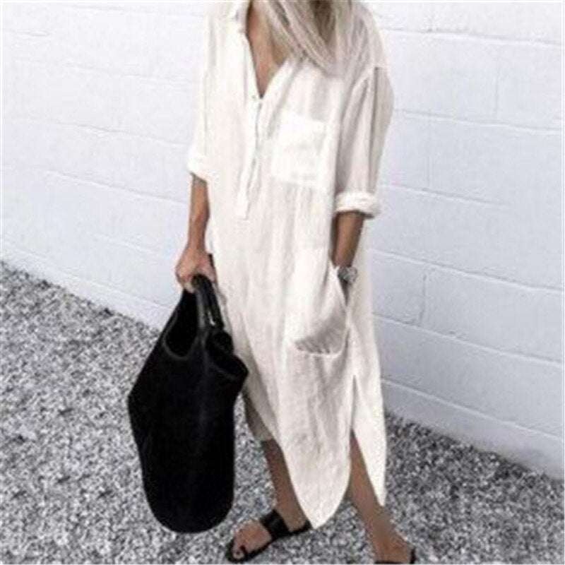 Emma - Lässiges Oversized Button-Down-Hemdkleid für Damen | Minimalistisches Hemdblusenkleid mit langen Ärmeln und Taschen