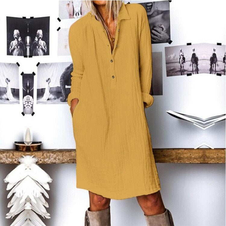 Emma - Lässiges Oversized Button-Down-Hemdkleid für Damen | Minimalistisches Hemdblusenkleid mit langen Ärmeln und Taschen