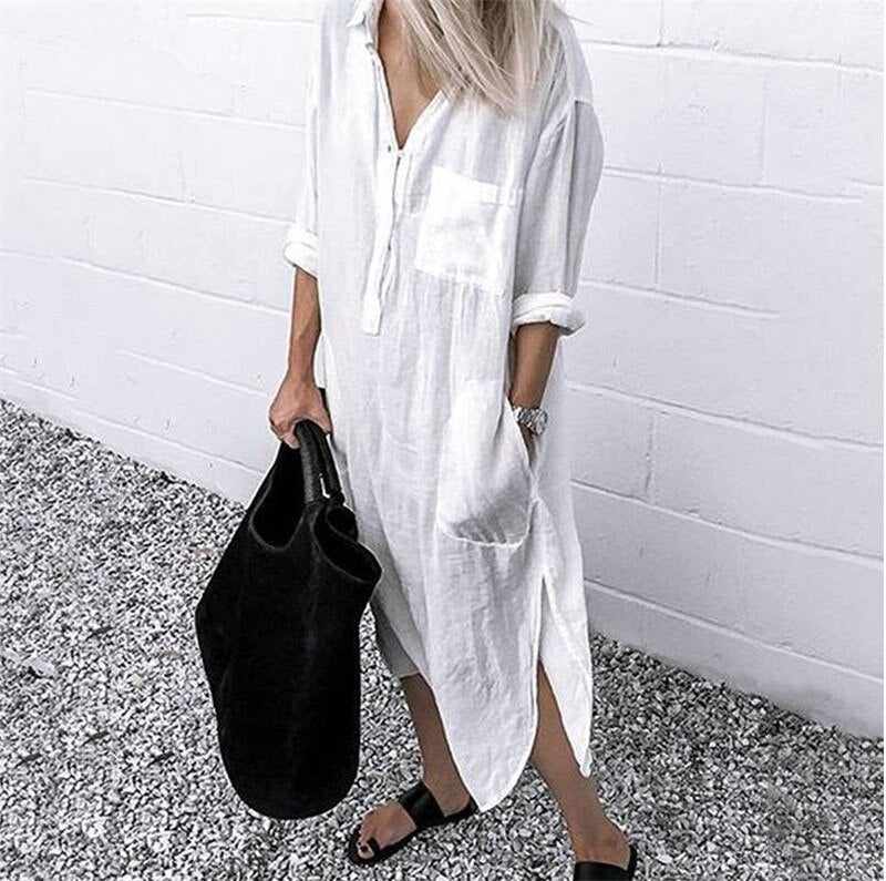 Emma - Lässiges Oversized Button-Down-Hemdkleid für Damen | Minimalistisches Hemdblusenkleid mit langen Ärmeln und Taschen