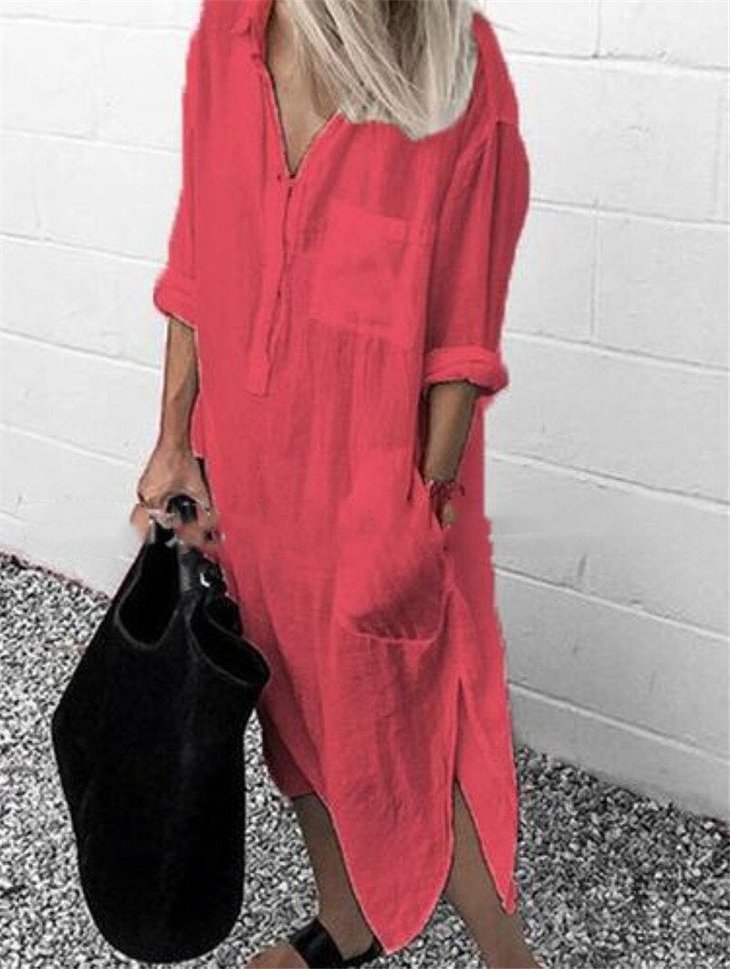 Emma - Lässiges Oversized Button-Down-Hemdkleid für Damen | Minimalistisches Hemdblusenkleid mit langen Ärmeln und Taschen