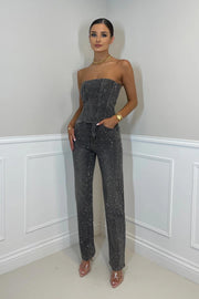 Eleganter Trägerloser Jumpsuit Damen Festlich aus Glänzendem Stretch-Stoff mit Glitzerdetails für Besondere Anlässe