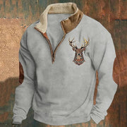 Walter | Herren Winter Fleece Pullover mit Hirschmotiv und Reißverschlusskragen