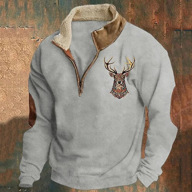 Walter | Herren Winter Fleece Pullover mit Hirschmotiv und Reißverschlusskragen