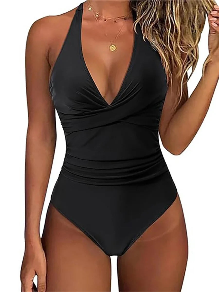 Costume da bagno donna con collo all'americana | moda mare snellente, intero con arricciatura