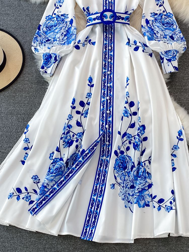 Weiches Kleid mit Blumendruck Langes Laternenärmeliges Single Vintage für dich