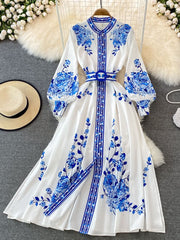 Weiches Kleid mit Blumendruck Langes Laternenärmeliges Single Vintage für dich