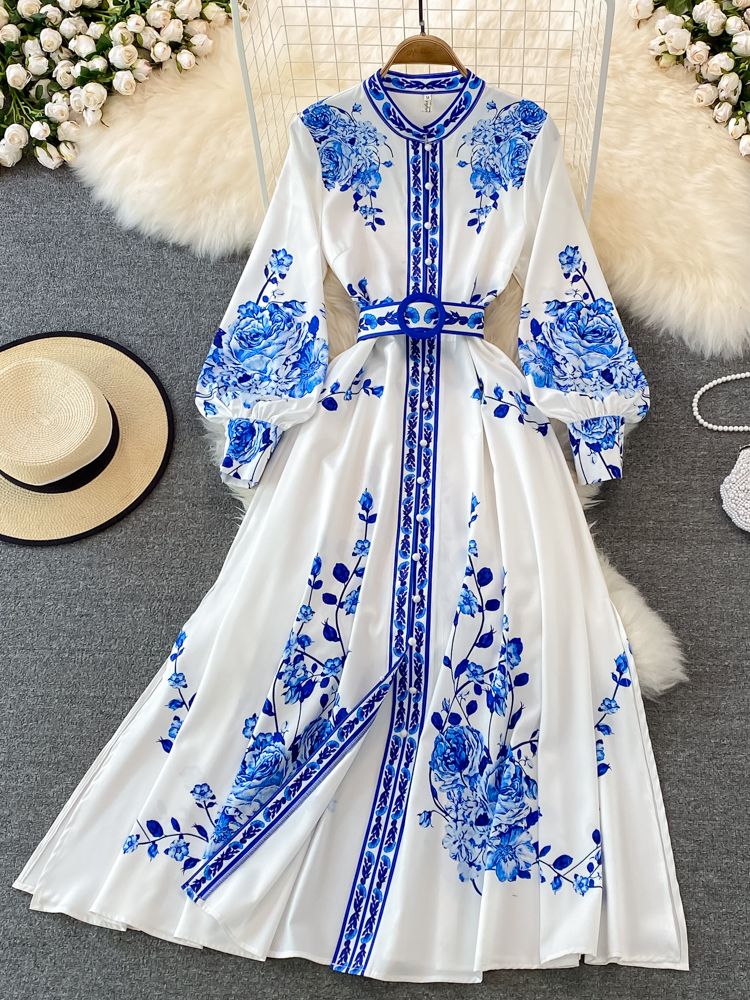 Weiches Kleid mit Blumendruck Langes Laternenärmeliges Single Vintage für dich