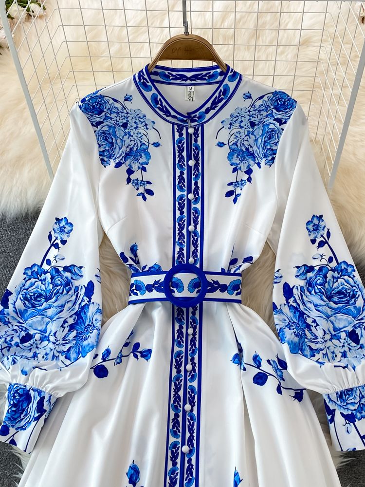 Weiches Kleid mit Blumendruck Langes Laternenärmeliges Single Vintage für dich