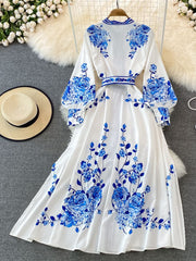 Weiches Kleid mit Blumendruck Langes Laternenärmeliges Single Vintage für dich