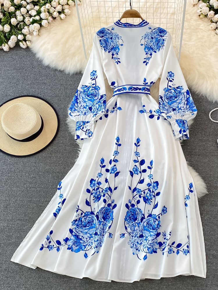 Weiches Kleid mit Blumendruck Langes Laternenärmeliges Single Vintage für dich