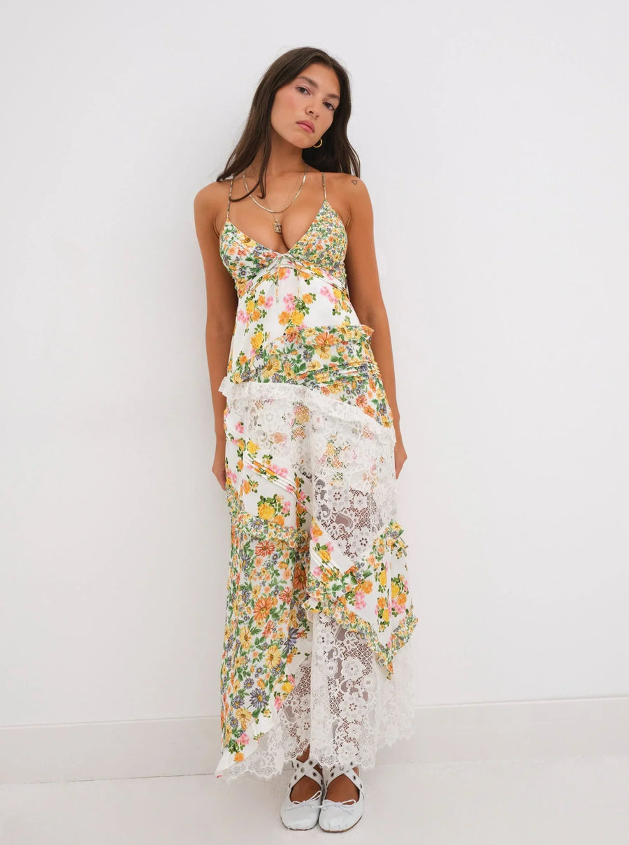 Blumiges Maxikleid mit Spitze und Spaghettiträgern für Damen