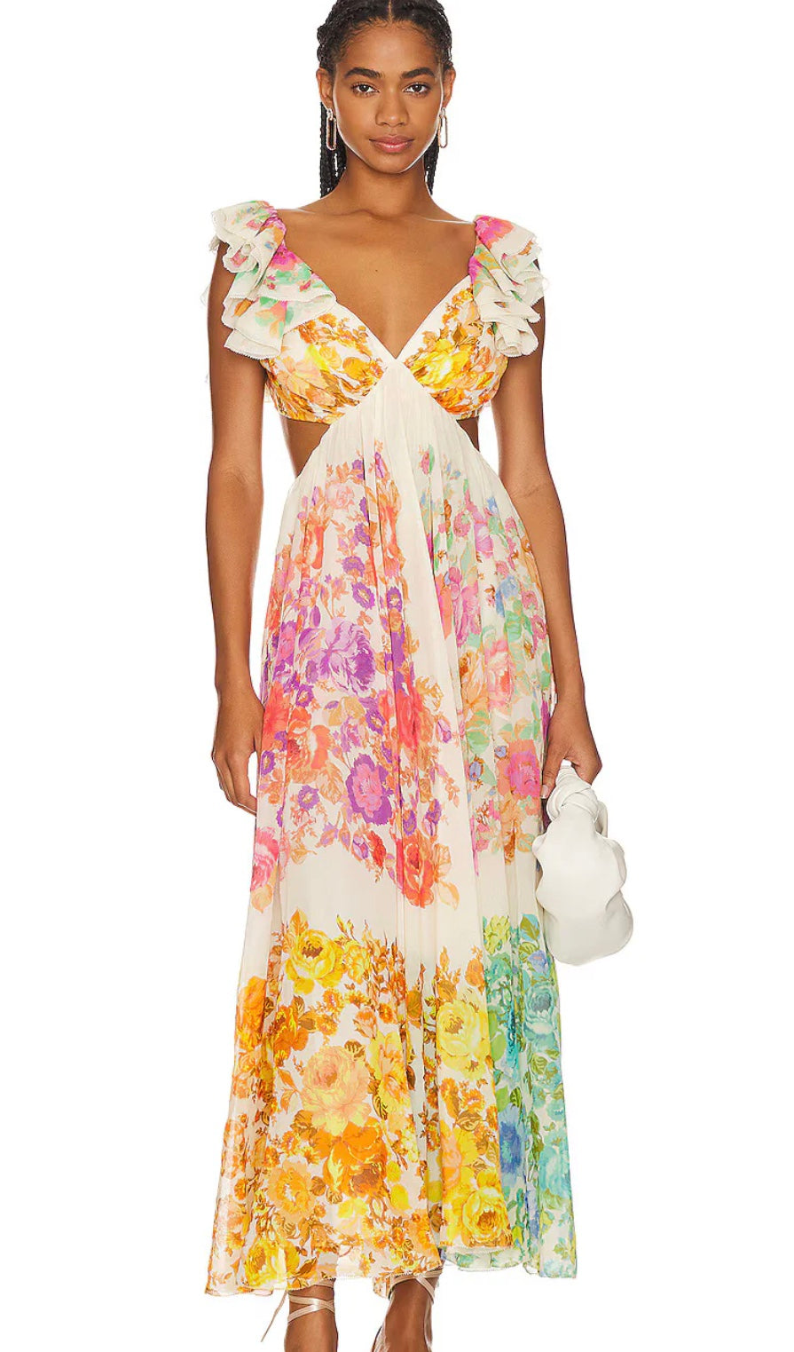 Maxikleid mit Blumenmuster, V-Ausschnitt und Rüschen-Trägern für Damen