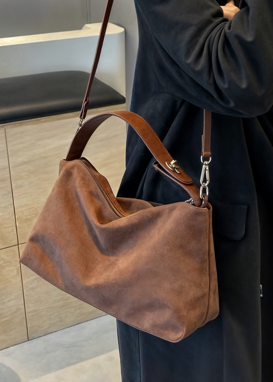 Wildleder Handtasche Damen – Vintage Umhängetasche mit Reißverschluss