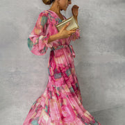Friederike - Damen Wickelkleid Mit Blumenmuster Und Langen Ärmeln Maxi