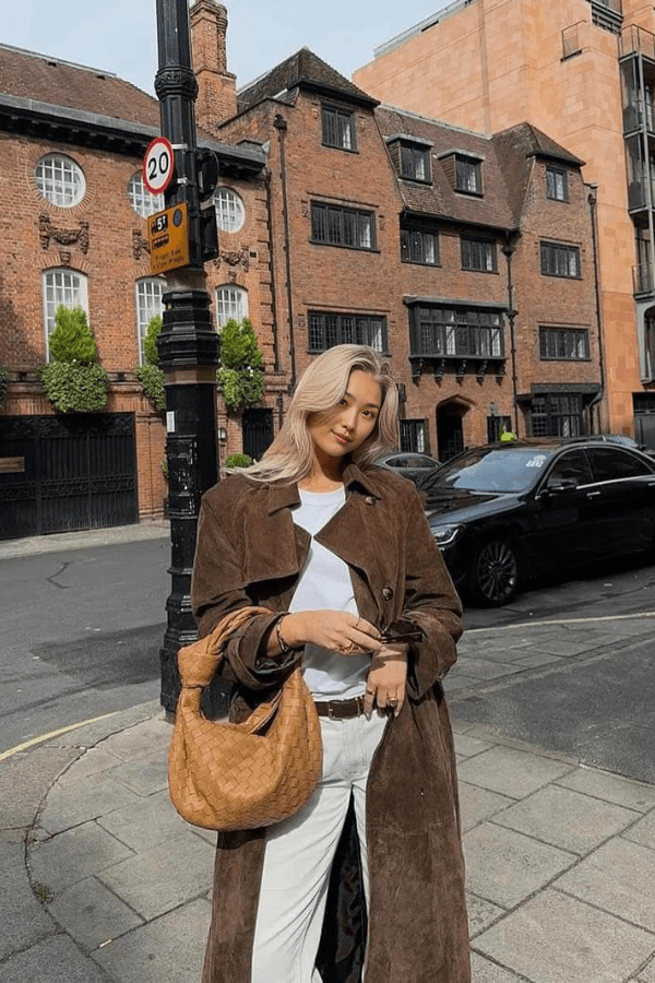 Galatea Trenchcoat – Langer Damen Trenchcoat aus Veganem Wildleder