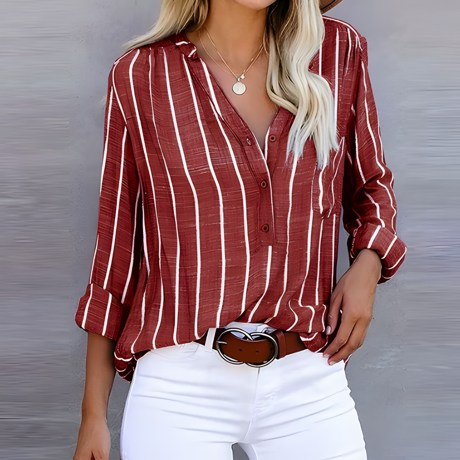 Gestreifte Damenbluse | V-Ausschnitt & Knopfleiste für einen gepflegten Look