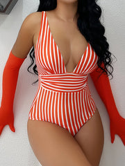 Costume intero a righe | Costume da bagno donna con scollo a V